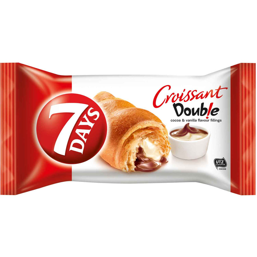 7Days Double Croissant Kakao & Vanille 1x60g  1 Crossaints mit Kakaocremefüllung und und Füllung mit Vanillegeschmack