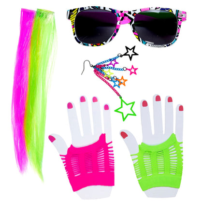 "80's GIRL" (2 Neon Harrextensions,Ohrring, Handschuhe & Brille) – Vorderansicht