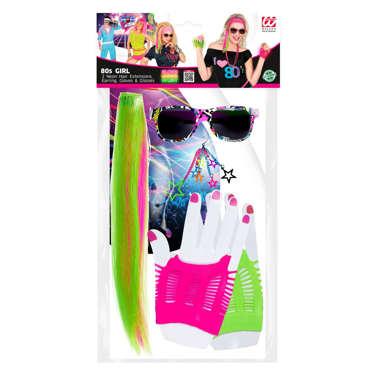"80's GIRL" (2 Neon Harrextensions,Ohrring, Handschuhe & Brille) – Detailansicht