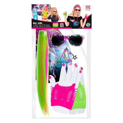 "80's GIRL" (2 Neon Harrextensions,Ohrring, Handschuhe & Brille) – Detailansicht