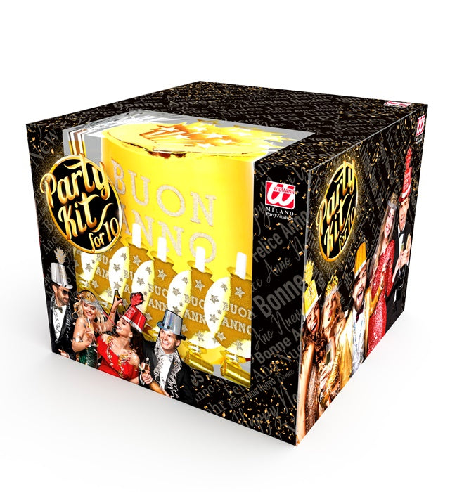PARTY KIT BUON ANNO GOLD mit goldfarbenen Zylindern, Kronen, Trompeten und Luftschlangen