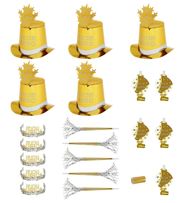 "PARTY KIT BUON ANNO GOLD" für 10 Personen (5 Zylinder, 5 Kronen, 5 Trompeten, 5 Luftrüssel, 1 Rolle aus 10 dekorativen Luftschlangen) Gold