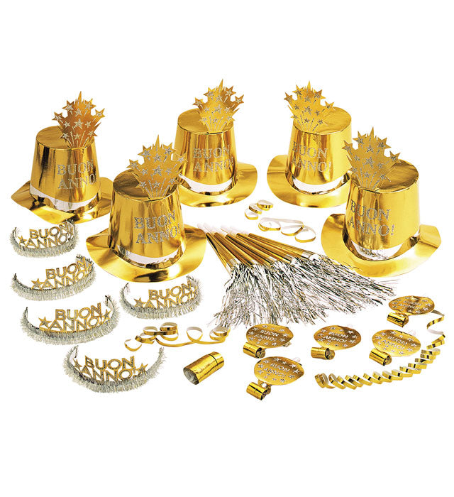 "PARTY KIT BUON ANNO GOLD" für 10 Personen (5 Zylinder, 5 Kronen, 5 Trompeten, 5 Luftrüssel, 1 Rolle aus 10 dekorativen Luftschlangen) Gold