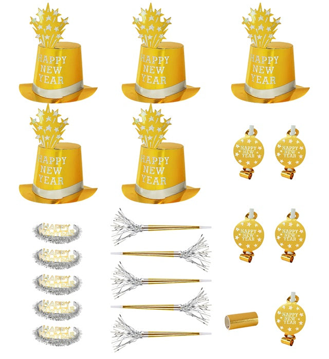 Party Kit Happy New Year Gold mit Zylindern, Kronen, Trompeten, Luftrüsseln und goldenen Luftschlangen