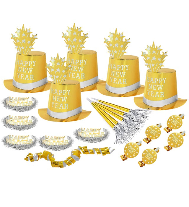 Party Kit Happy New Year Gold mit Zylindern, Kronen, Trompeten, Luftrüsseln und goldenen Luftschlangen