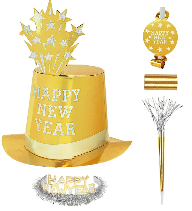 Party Kit Happy New Year Gold mit Zylindern, Kronen, Trompeten, Luftrüsseln und goldenen Luftschlangen