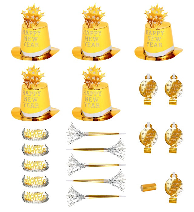 "PARTY KIT HAPPY NEW YEAR GOLD" für 10 Personen (5 Zylinder, 5 Kronen, 5 Trompeten, 5 Luftrüssel, 1 Rolle aus 10 dekorativen Luftschlangen) Gold