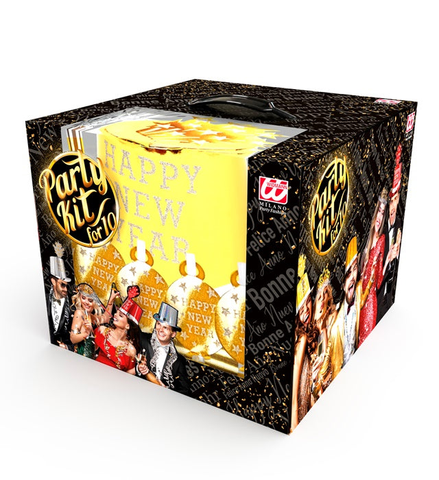 "PARTY KIT HAPPY NEW YEAR GOLD" für 10 Personen (5 Zylinder, 5 Kronen, 5 Trompeten, 5 Luftrüssel, 1 Rolle aus 10 dekorativen Luftschlangen) Gold