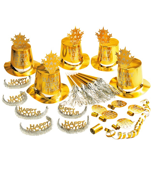 "PARTY KIT HAPPY NEW YEAR GOLD" für 10 Personen (5 Zylinder, 5 Kronen, 5 Trompeten, 5 Luftrüssel, 1 Rolle aus 10 dekorativen Luftschlangen) Gold