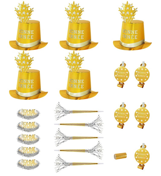 Party Kit Bonne Année Gold mit Zylindern, Kronen, Trompeten und Luftschlangen auf festlichem Hintergrund