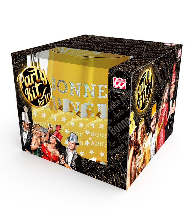 Party Kit Bonne Année Gold mit Zylindern, Kronen, Trompeten und Luftschlangen auf festlichem Hintergrund