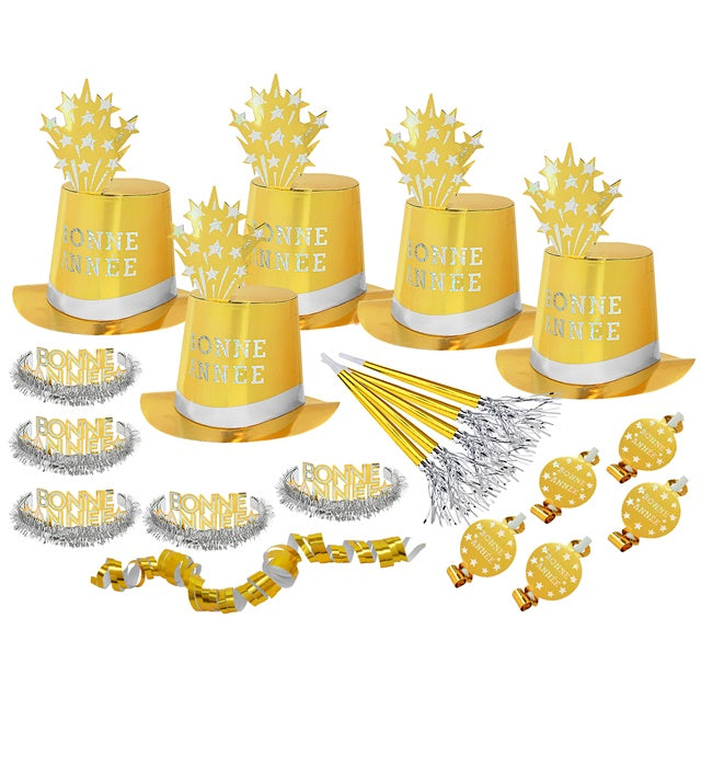 Party Kit Bonne Année Gold mit Zylindern, Kronen, Trompeten und Luftschlangen auf festlichem Hintergrund