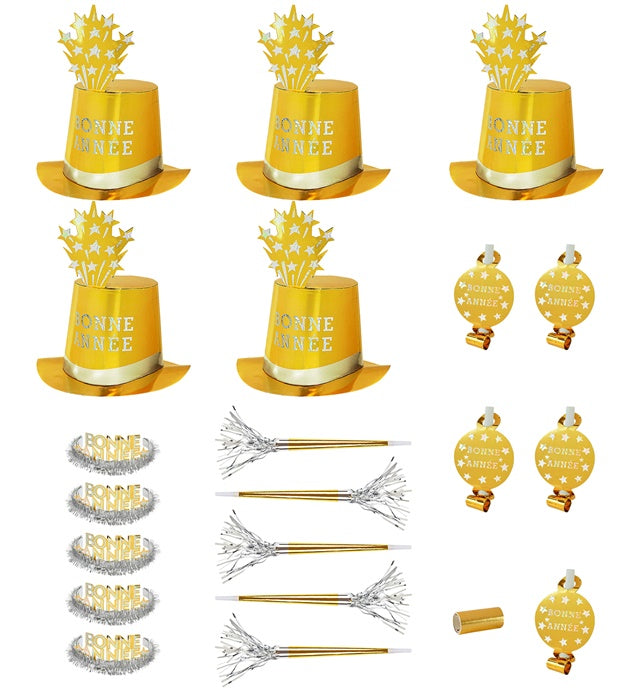 "PARTY KIT BONNE ANNÉE GOLD" für 10 Personen (5 Zylinder, 5 Kronen, 5 Trompeten, 5 Luftrüssel, 1 Rolle aus 10 dekorativen Luftschlangen) Gold
