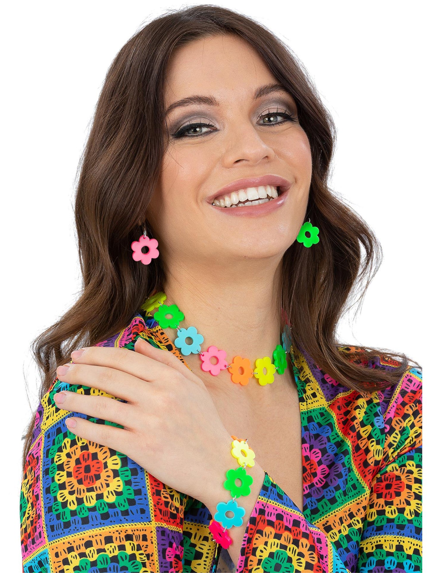 Smiffys mehrfarbiges Neon-Flower-Power-Schmuckset mit Halskette Armband und Ohrringen