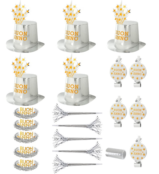 Party Kit Buon Anno Silber mit Zylindern, Kronen, Trompeten, Luftrüsseln und Luftschlangen
