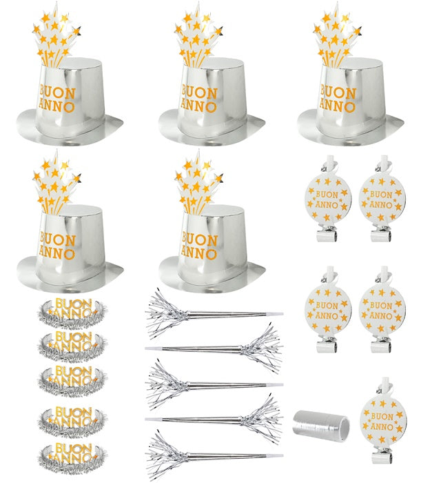 "PARTY KIT BUON ANNO SILBER" für 10 Personen (5 Zylinder, 5 Kronen, 5 Trompeten, 5 Luftrüssel, 1 Rolle aus 10 dekorativen Luftschlangen) Silber