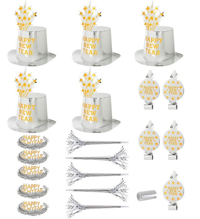 Party Kit Happy New Year Silber mit Zylindern, Kronen, Trompeten und Luftschlangen