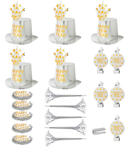 Party Kit Happy New Year Silber mit Zylindern, Kronen, Trompeten und Luftschlangen