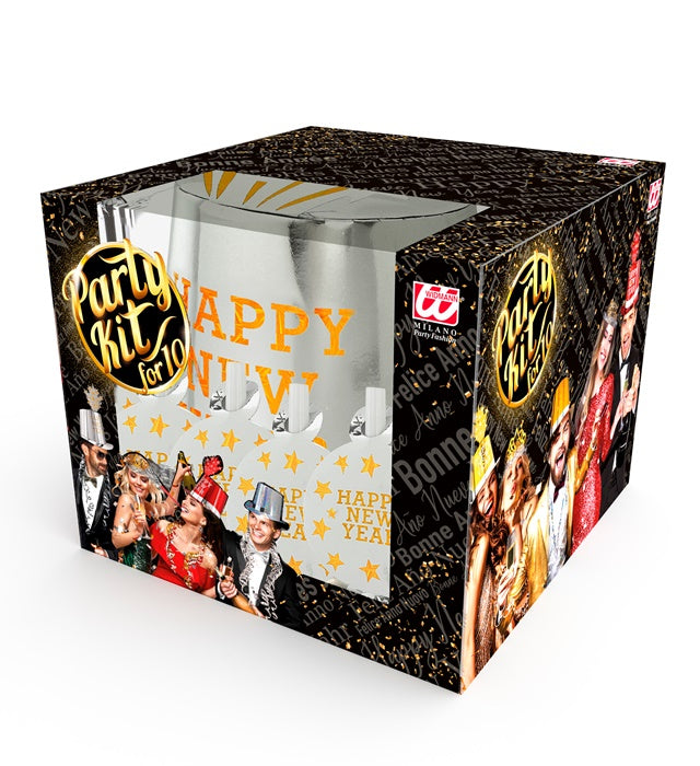 Party Kit Happy New Year Silber mit Zylindern, Kronen, Trompeten und Luftschlangen