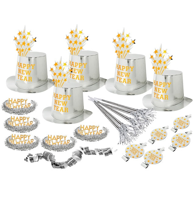 Party Kit Happy New Year Silber mit Zylindern, Kronen, Trompeten und Luftschlangen