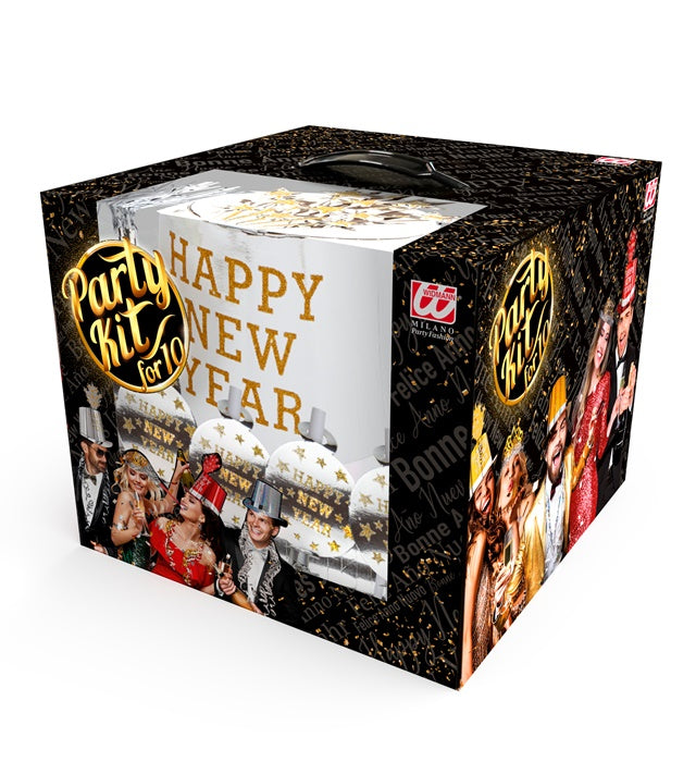 "PARTY KIT HAPPY NEW YEAR SILBER" für 10 Personen (5 Zylinder, 5 Kronen, 5 Trompeten, 5 Luftrüssel, 1 Rolle aus 10 dekorativen Luftschlangen) Silber