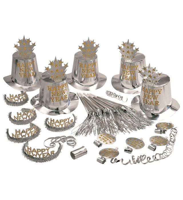 "PARTY KIT HAPPY NEW YEAR SILBER" für 10 Personen (5 Zylinder, 5 Kronen, 5 Trompeten, 5 Luftrüssel, 1 Rolle aus 10 dekorativen Luftschlangen) Silber