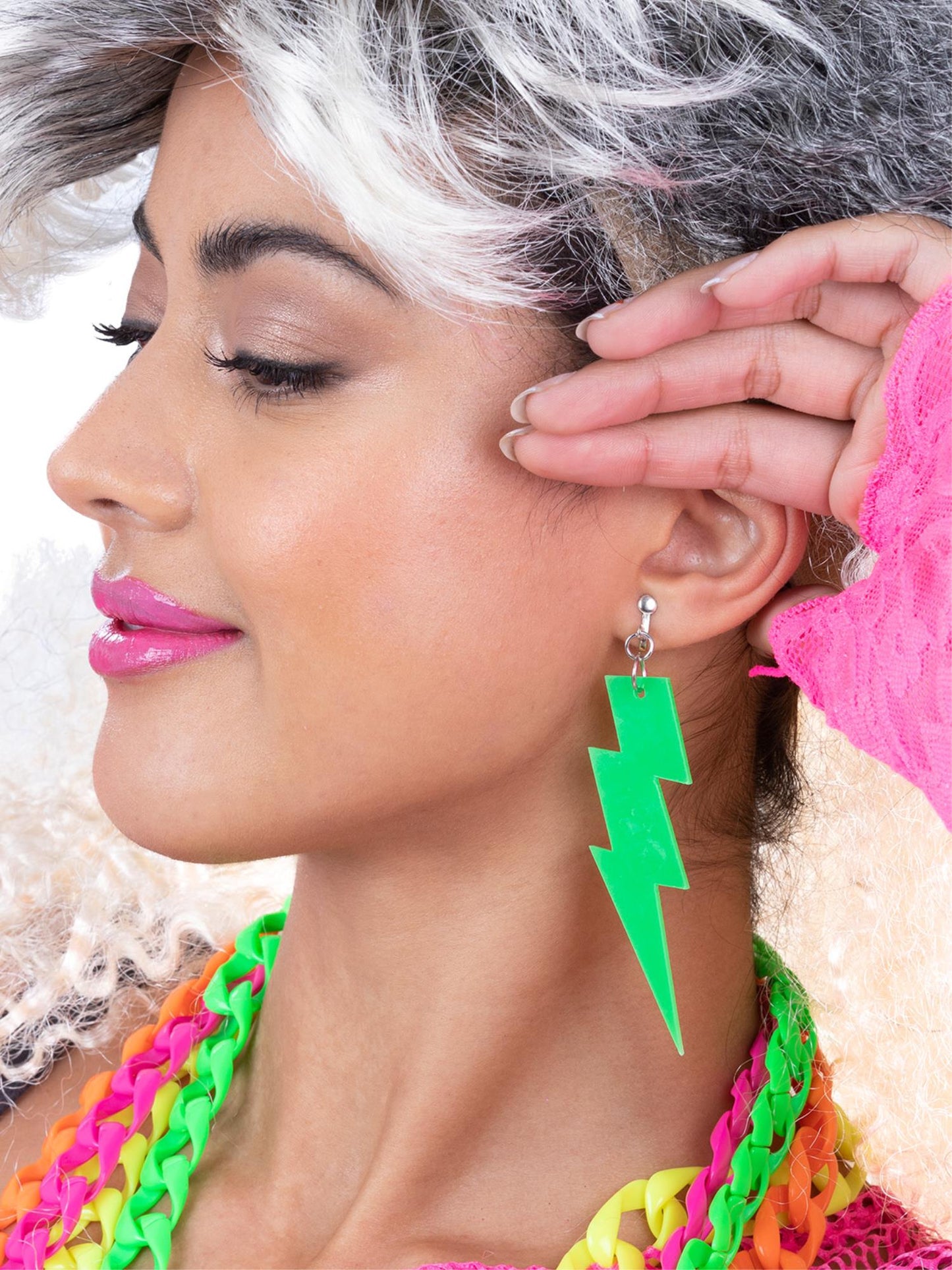 Smiffys 1980S 80s Neon Lightning Bolt Earrings, Green JL für Unisex