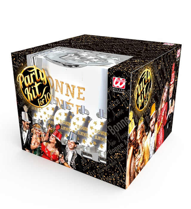Silbernes Party Kit mit Zylindern, Kronen, Trompeten und Luftschlangen für 10 Personen