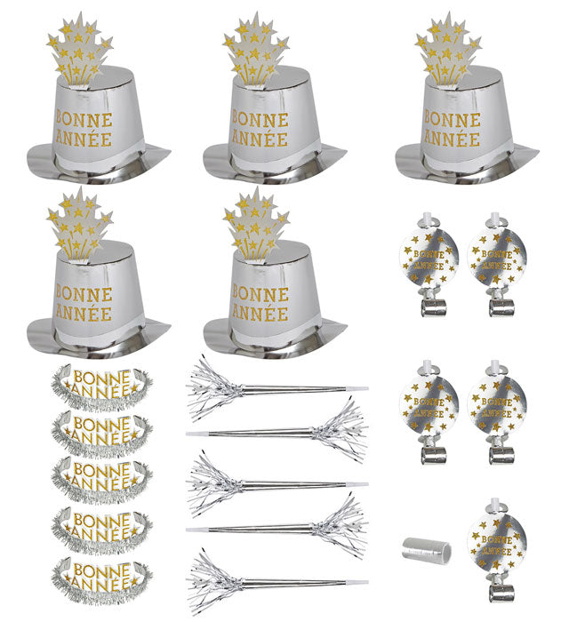 "PARTY KIT BONNE ANNÉE SILBER" für 10 Personen  (5 Zylinder, 5 Kronen, 5 Trompeten, 5 Luftrüssel, 1 Rolle aus 10 dekorativen Luftschlangen) Silber