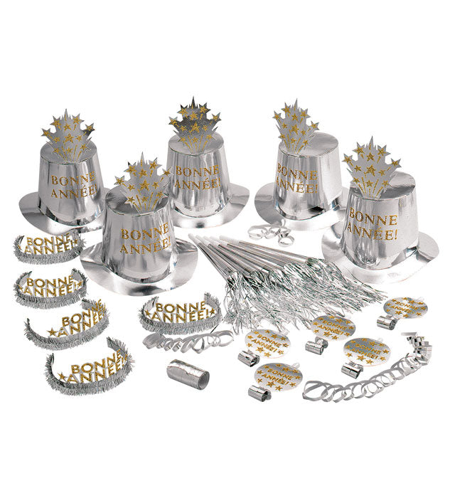 "PARTY KIT BONNE ANNÉE SILBER" für 10 Personen  (5 Zylinder, 5 Kronen, 5 Trompeten, 5 Luftrüssel, 1 Rolle aus 10 dekorativen Luftschlangen) Silber