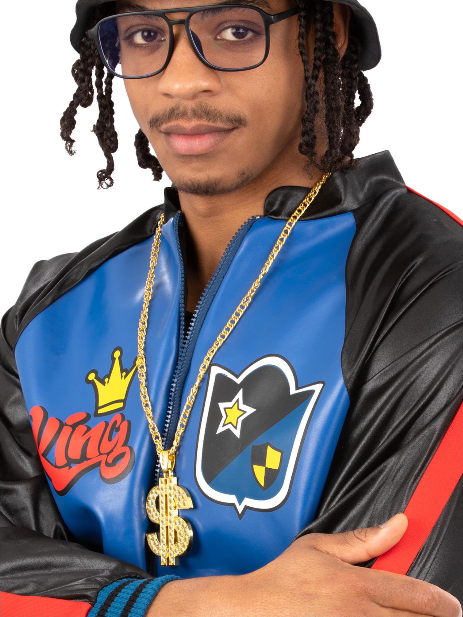 Smiffys 1990er-Rapper-Set mit schwarzem Bucket Hat, Sonnenbrille und Dollar-Medaille