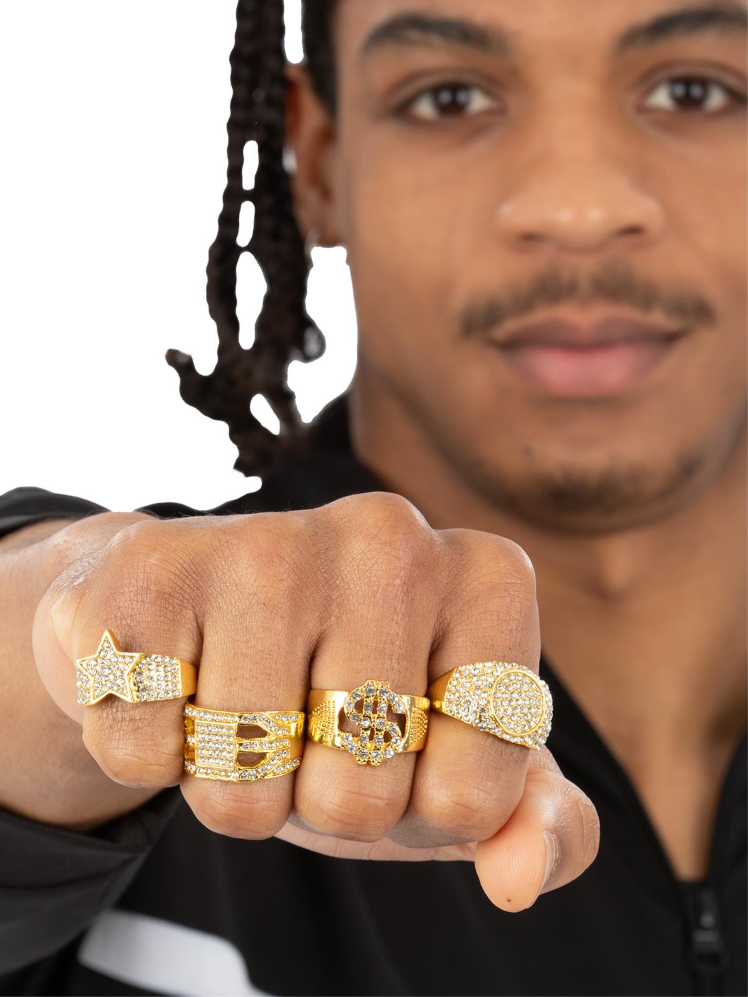 Smiffys 90er-Jahre Bling-Ringe goldfarben 4er-Pack mit Diamant-Optik – Produktansicht