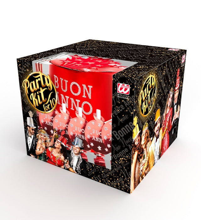 PARTY KIT BUON ANNO Rot mit Zylindern, Kronen, Trompeten und Luftschlangen für 10 Personen