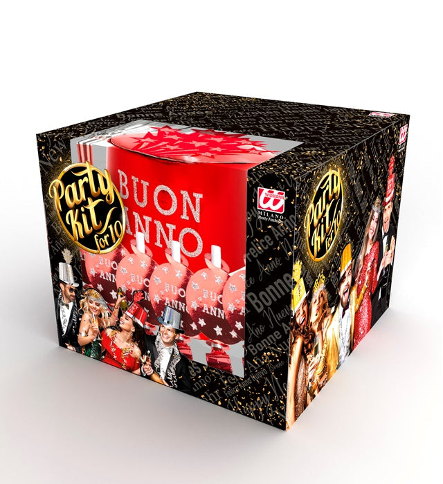 "PARTY KIT BUON ANNO ROT" für 10 Personen (5 Zylinder, 5 Kronen, 5 Trompeten, 5 Luftrüssel, 1 Rolle aus 10 dekorativen Luftschlangen) Rot