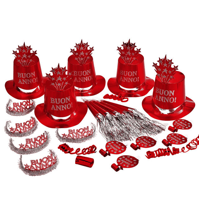 "PARTY KIT BUON ANNO ROT" für 10 Personen (5 Zylinder, 5 Kronen, 5 Trompeten, 5 Luftrüssel, 1 Rolle aus 10 dekorativen Luftschlangen) Rot