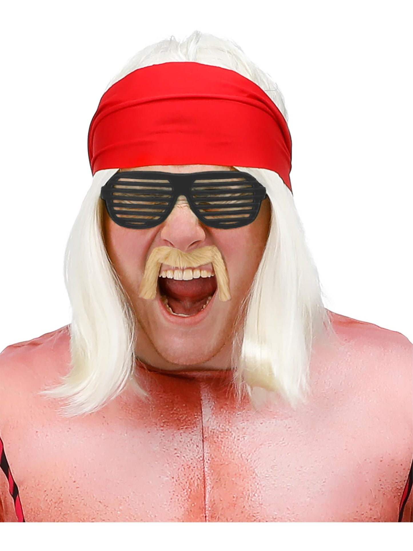 Smiffys 1990s Wrestling-Star-Kit mit blonder Perücke, Bandana, Schnurrbart und Brille