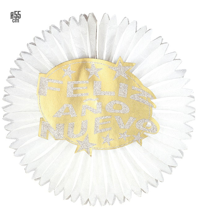 Rosette Feliz Año Nuevo Ø 55 cm in Gold und Silber als festliche Wanddekoration