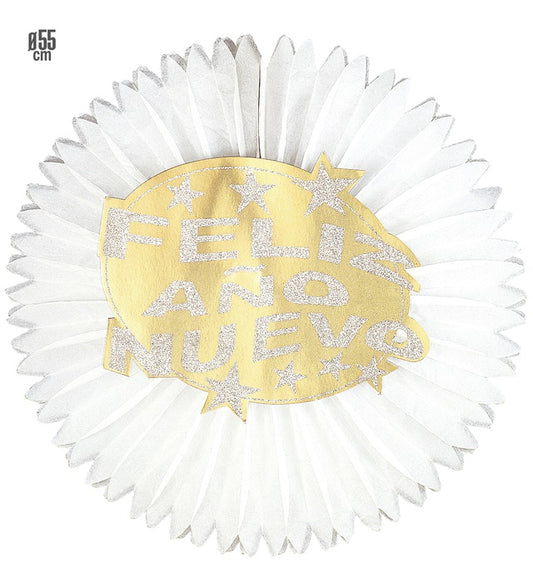 Rosette Feliz Año Nuevo Ø 55 cm in Gold und Silber als festliche Wanddekoration
