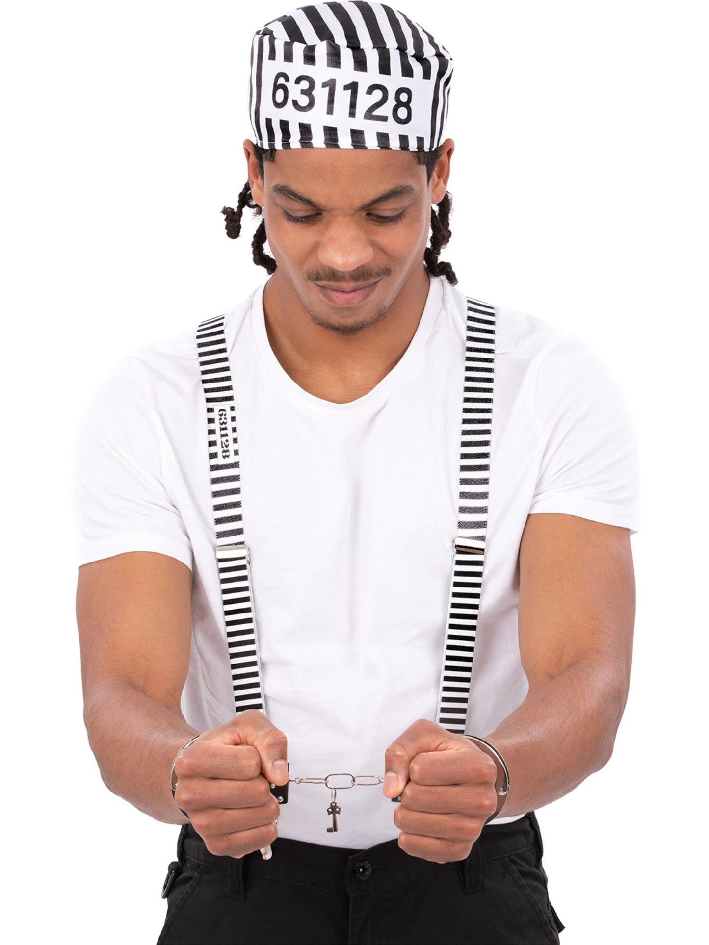 Smiffys COPS&ROBS Striped Prisoner Kit mit Hosenträgern Hut und Handschellen