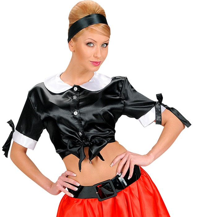 Schwarzes Satin Tie Top auf weißem Hintergrund, glänzender Stoff