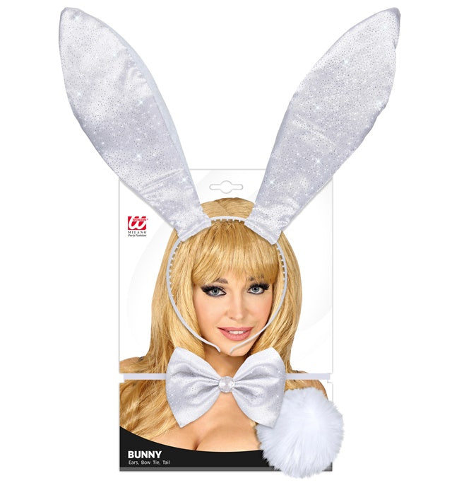 Weißes Hasen Dress-up Set mit Ohren, Fliege und Schwanz auf weißem Hintergrund