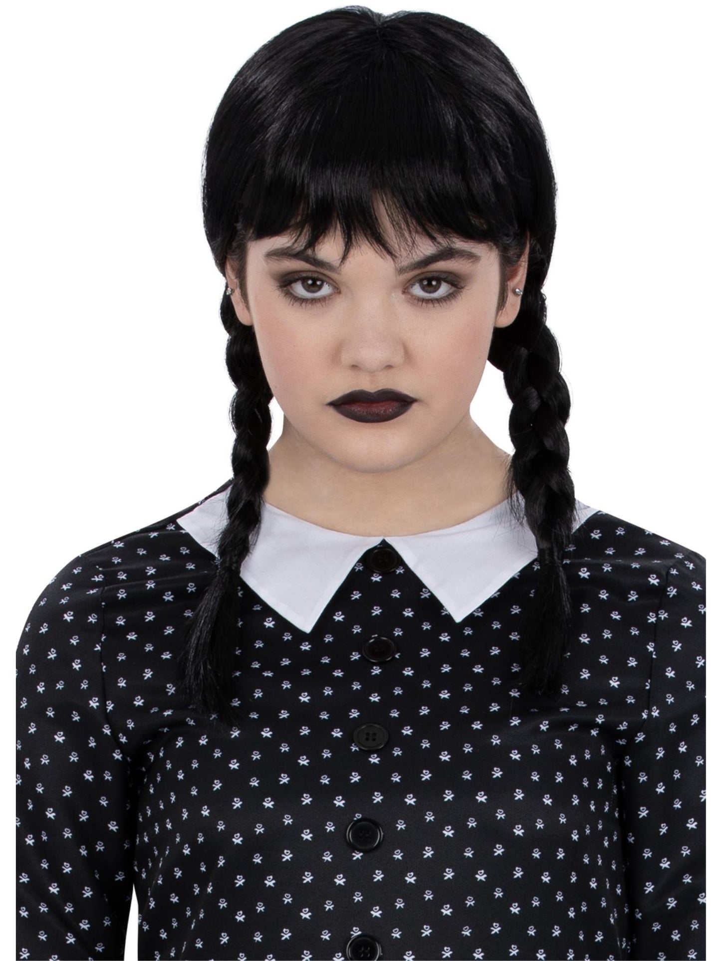 Smiffys schwarze Gothic-Schulmädchen-Perücke für Mädchen mit Zöpfen und Pony