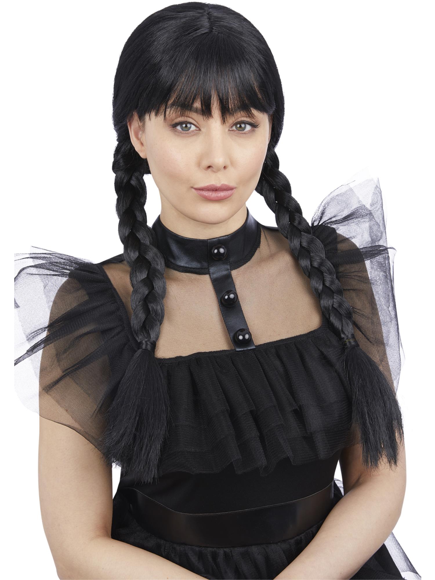 Smiffys schwarze Gothic School Girl Perücke für Damen mit Zöpfen und Pony