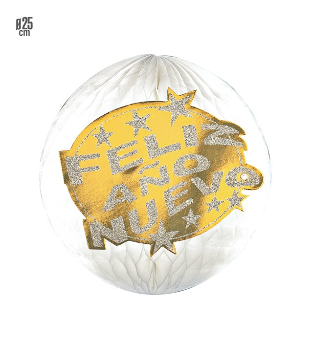 Holografischer Wabenball ‚Feliz Año Nuevo‘ in Gold und Silber mit 25 cm Durchmesser