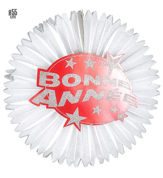 Rote Rosette mit Schriftzug 'Bonne Année' Ø 55 cm als Silvesterdekoration