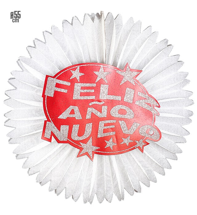 Rote Papierrosette Feliz Año Nuevo mit 55 cm Durchmesser als festliche Dekoration
