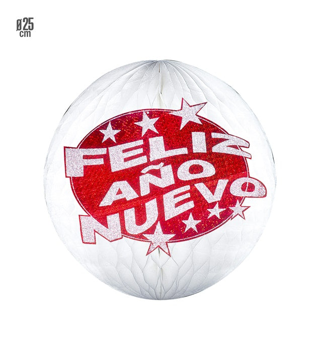 Roter holografischer Wabenball mit 'Feliz Año Nuevo' Schriftzug, 25 cm Durchmesser