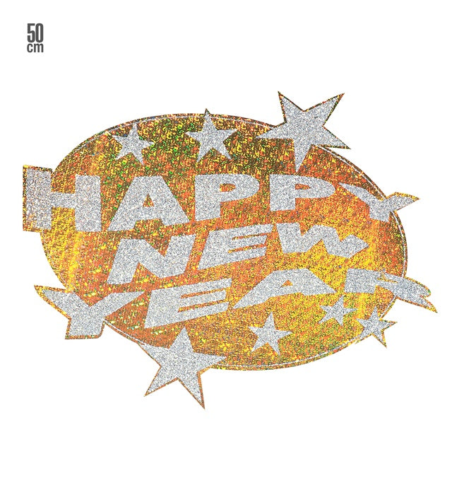 Holografische Wanddeko mit Schriftzug Happy New Year in Gold und Silber, Ø 50 cm