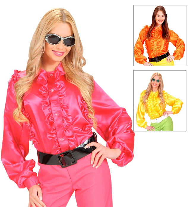 Satinbluse mit Rüschen in Rosa, Orange und Gelb für Fasnacht und Karneval