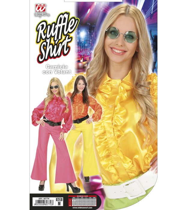 Satinbluse mit Rüschen in Rosa, Orange und Gelb für Fasnacht und Karneval